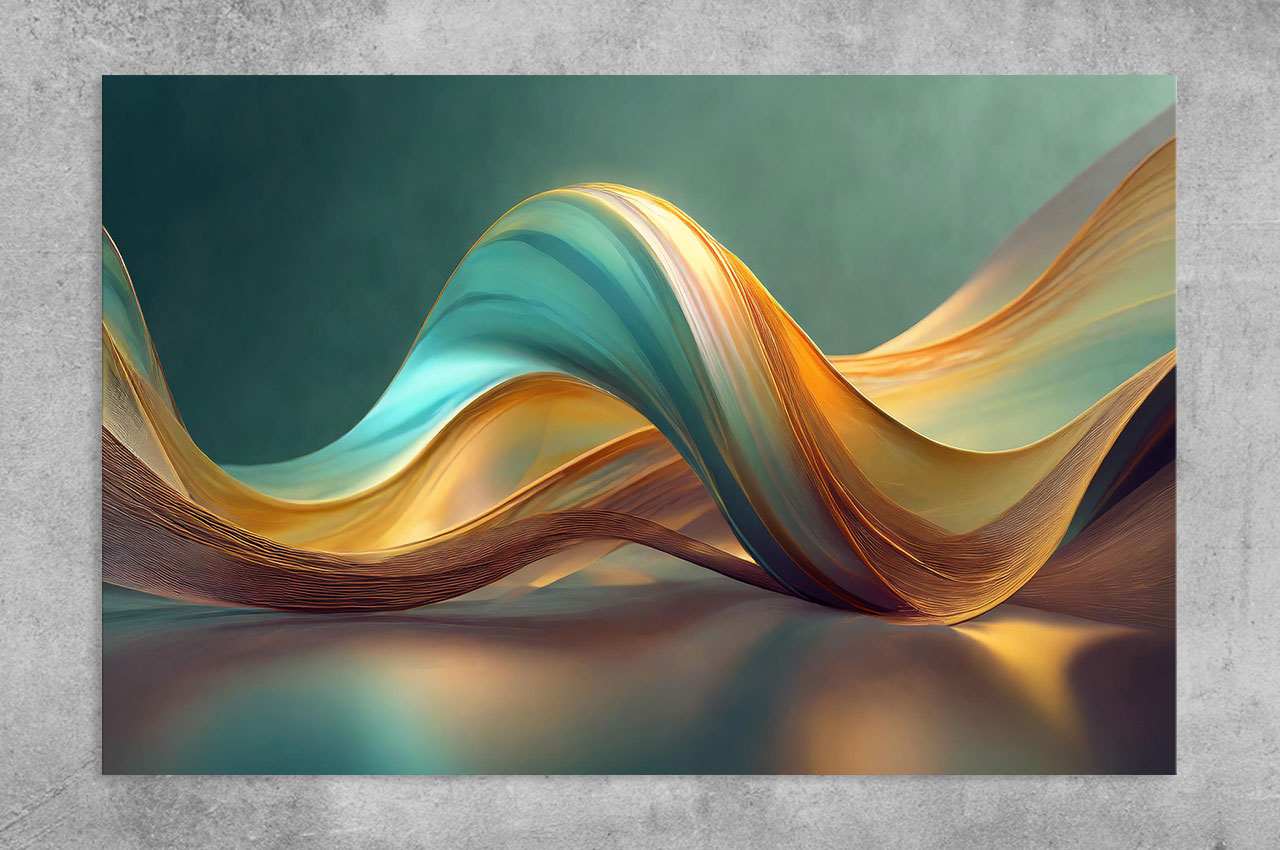 A collection of abstract flowing forms in turquoise, gold, and ivory, evoking the movement of silk-like currents suspended in space.
