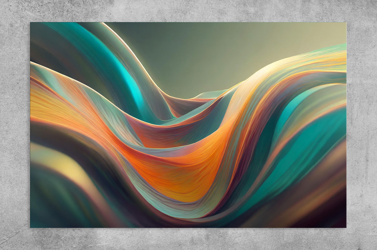 A collection of abstract flowing forms in turquoise, gold, and ivory, evoking the movement of silk-like currents suspended in space.