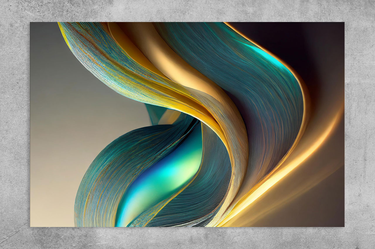 A collection of abstract flowing forms in turquoise, gold, and ivory, evoking the movement of silk-like currents suspended in space.