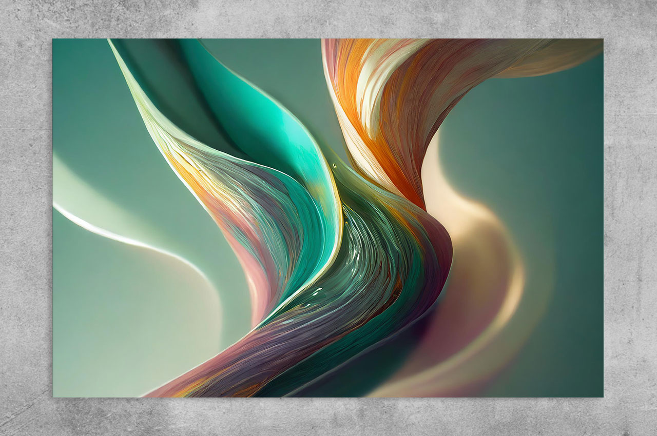 A collection of abstract flowing forms in turquoise, gold, and ivory, evoking the movement of silk-like currents suspended in space.