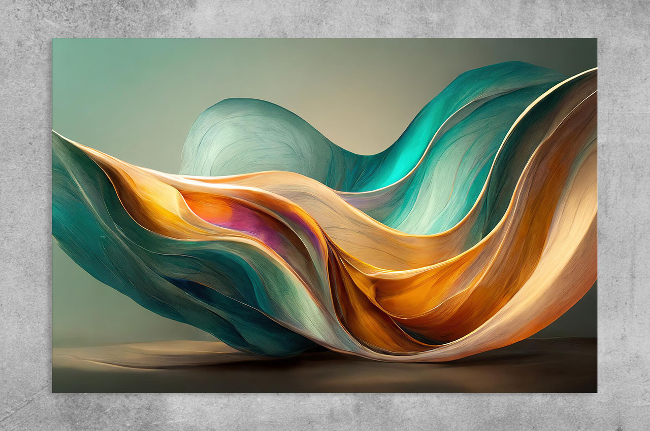A collection of abstract flowing forms in turquoise, gold, and ivory, evoking the movement of silk-like currents suspended in space.