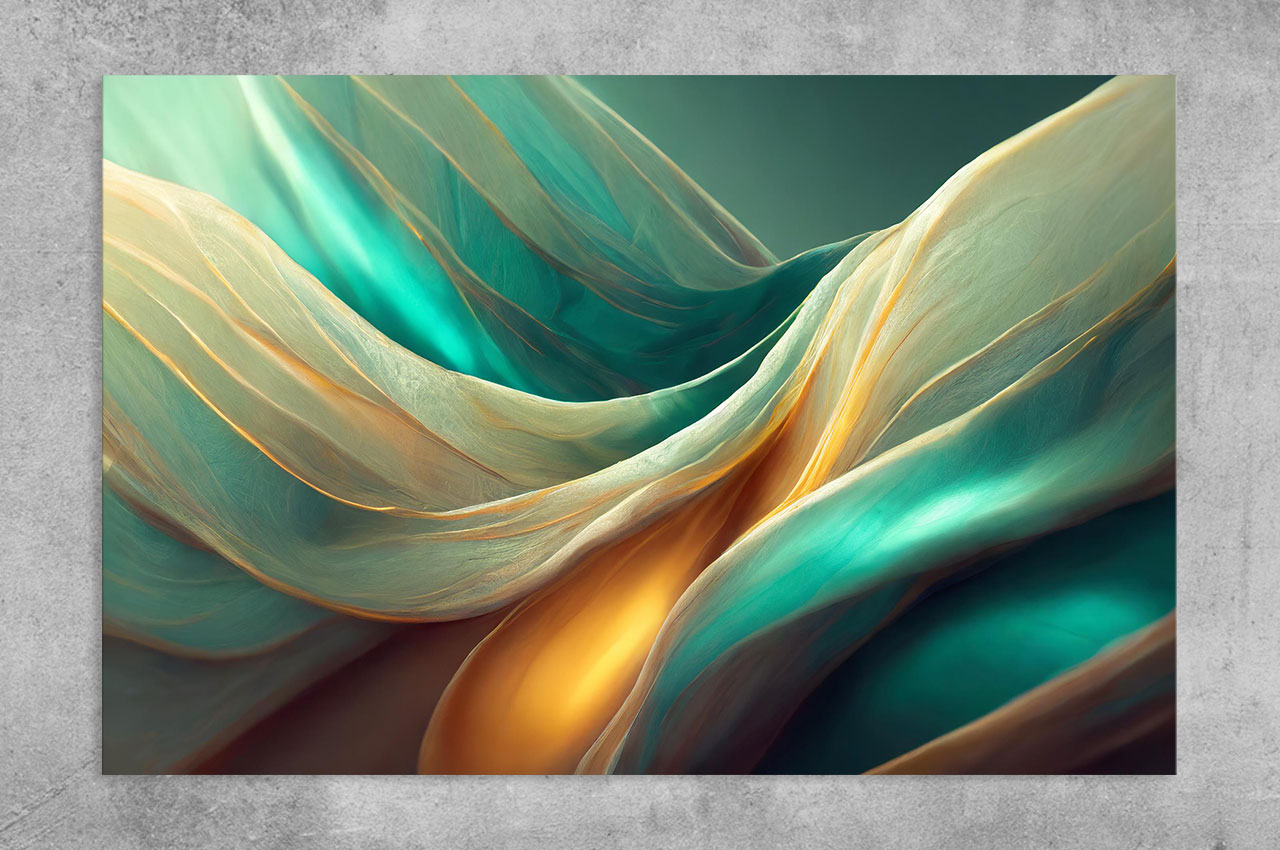 A collection of abstract flowing forms in turquoise, gold, and ivory, evoking the movement of silk-like currents suspended in space.