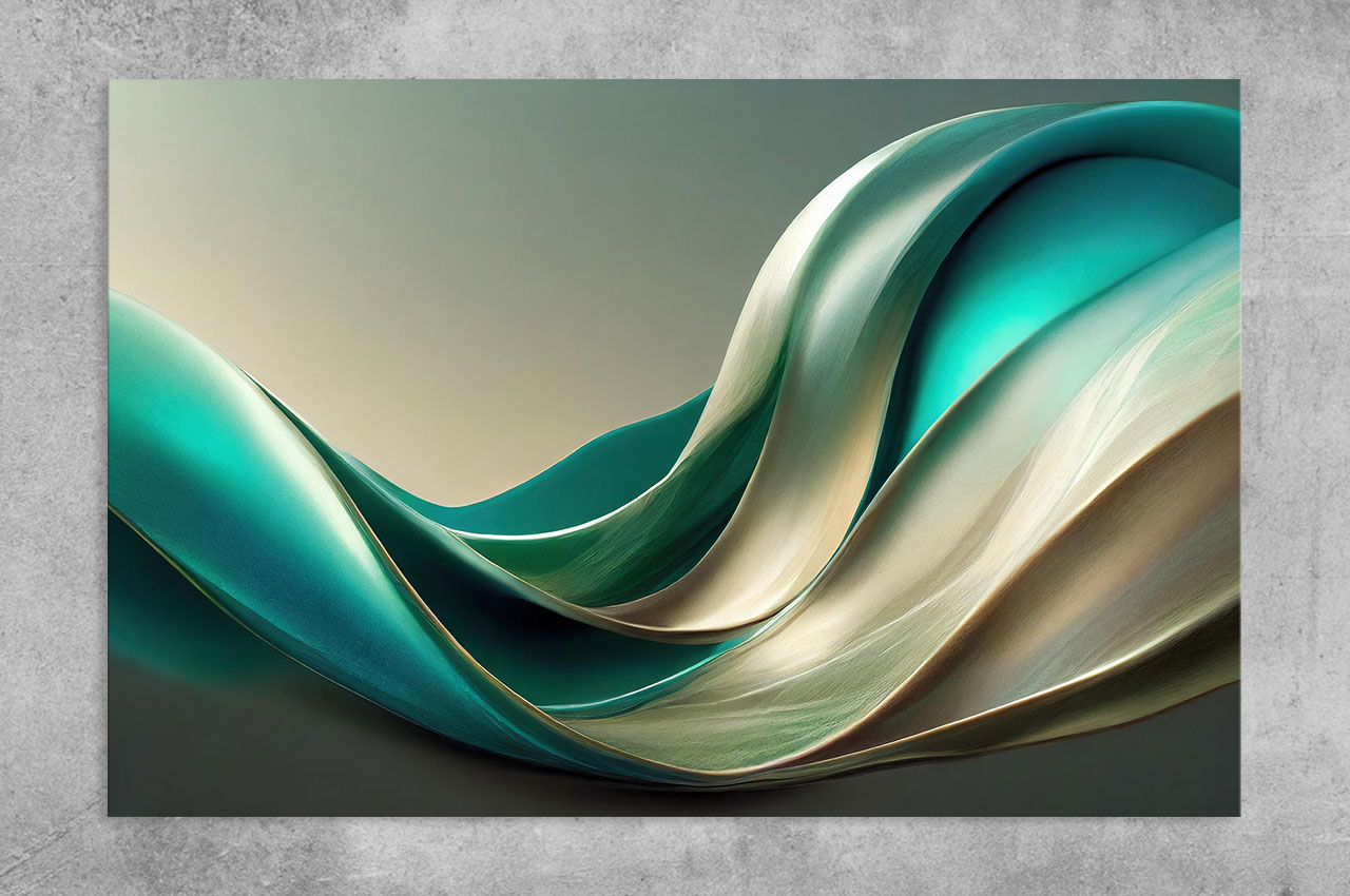 A collection of abstract flowing forms in turquoise, gold, and ivory, evoking the movement of silk-like currents suspended in space.