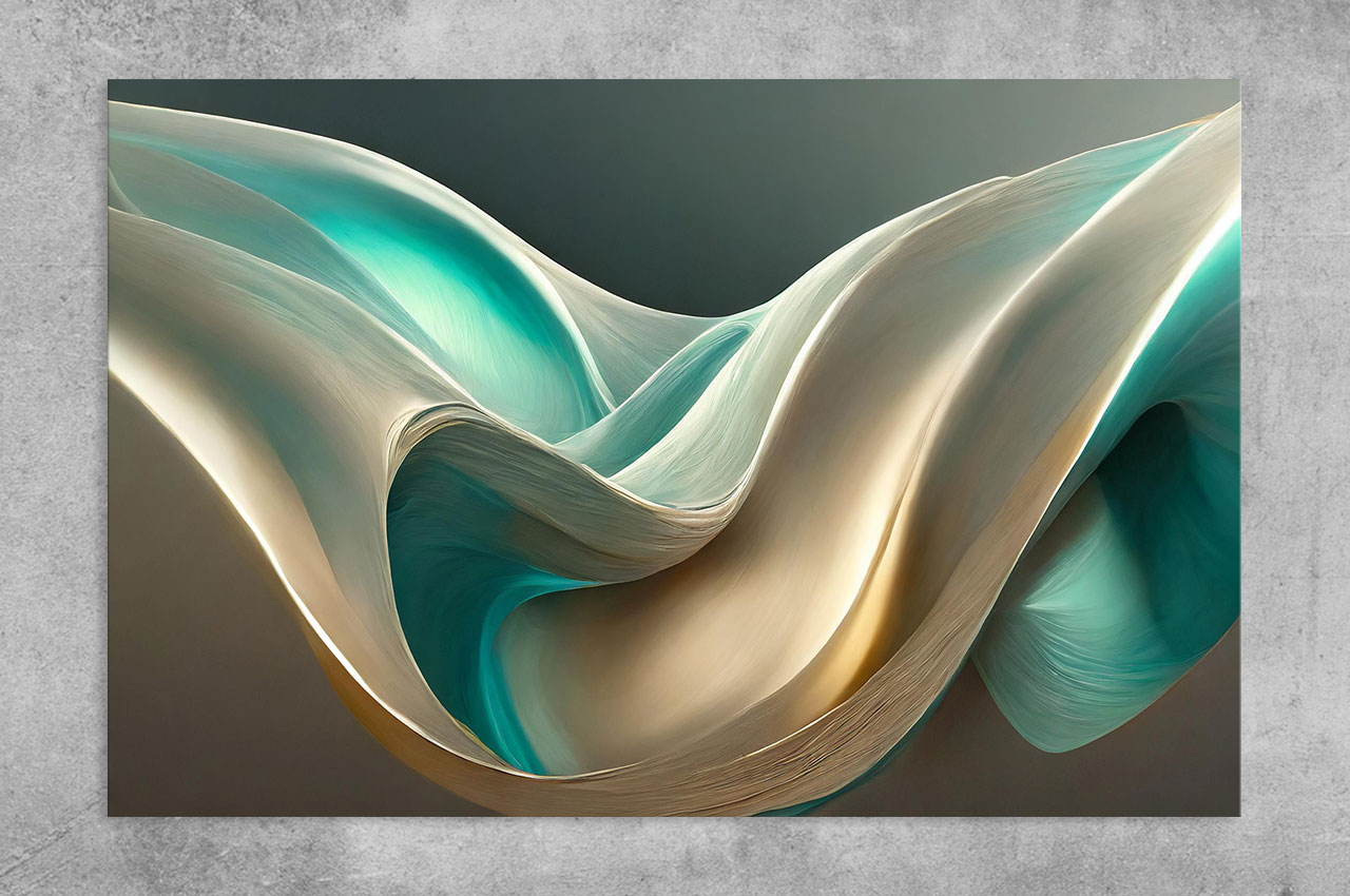 A collection of abstract flowing forms in turquoise, gold, and ivory, evoking the movement of silk-like currents suspended in space.