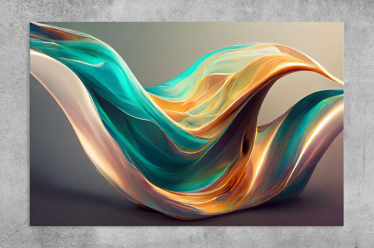 A collection of abstract flowing forms in turquoise, gold, and ivory, evoking the movement of silk-like currents suspended in space.