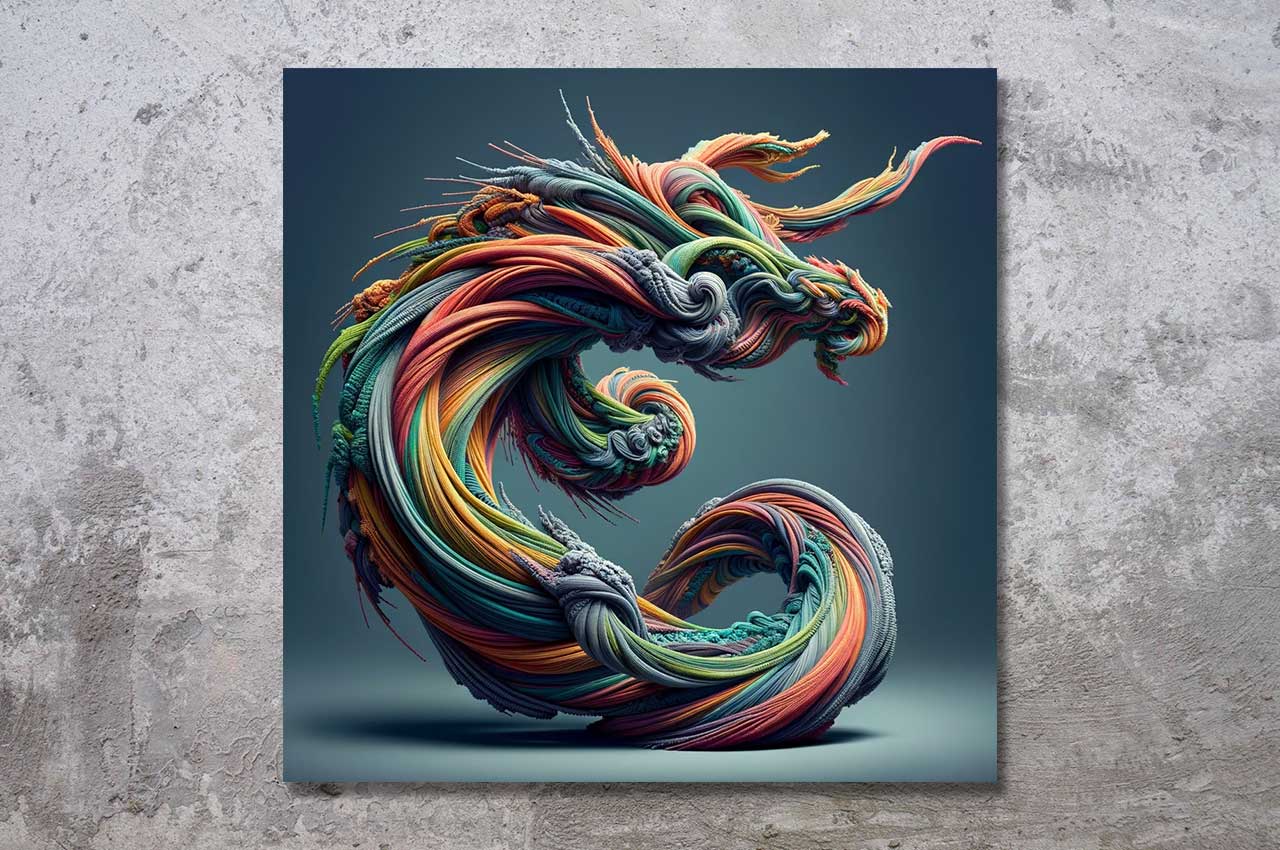 Abstrakte digitale Kunst aus der Serie "Dragon Fiber" – ein farbenprächtiger, strömender Drache aus feinen Fasern, inspiriert von Energie und Bewegung.
