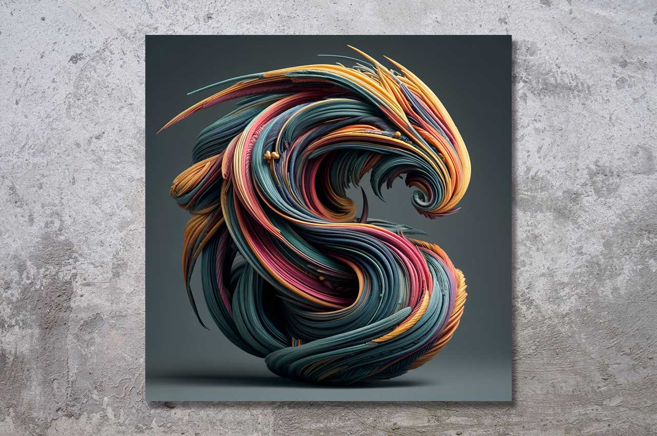 Abstrakte digitale Kunst aus der Serie "Dragon Fiber" – ein farbenprächtiger, strömender Drache aus feinen Fasern, inspiriert von Energie und Bewegung.