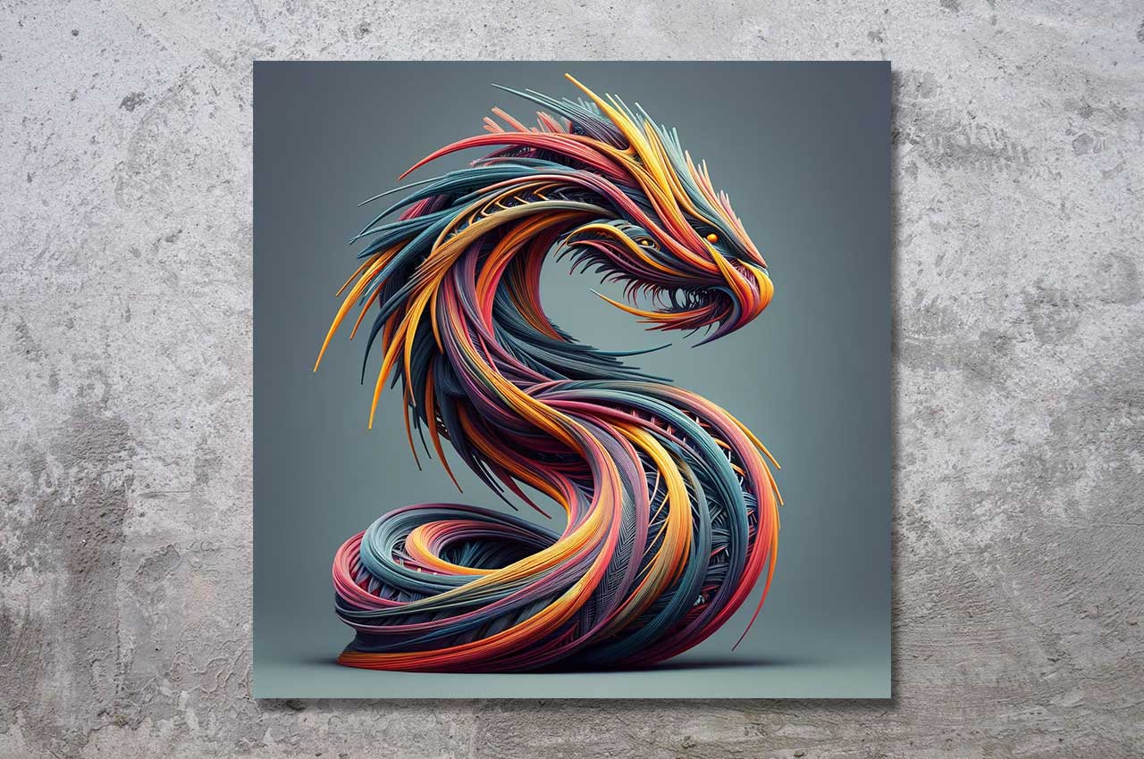 Abstrakte digitale Kunst aus der Serie "Dragon Fiber" – ein farbenprächtiger, strömender Drache aus feinen Fasern, inspiriert von Energie und Bewegung.