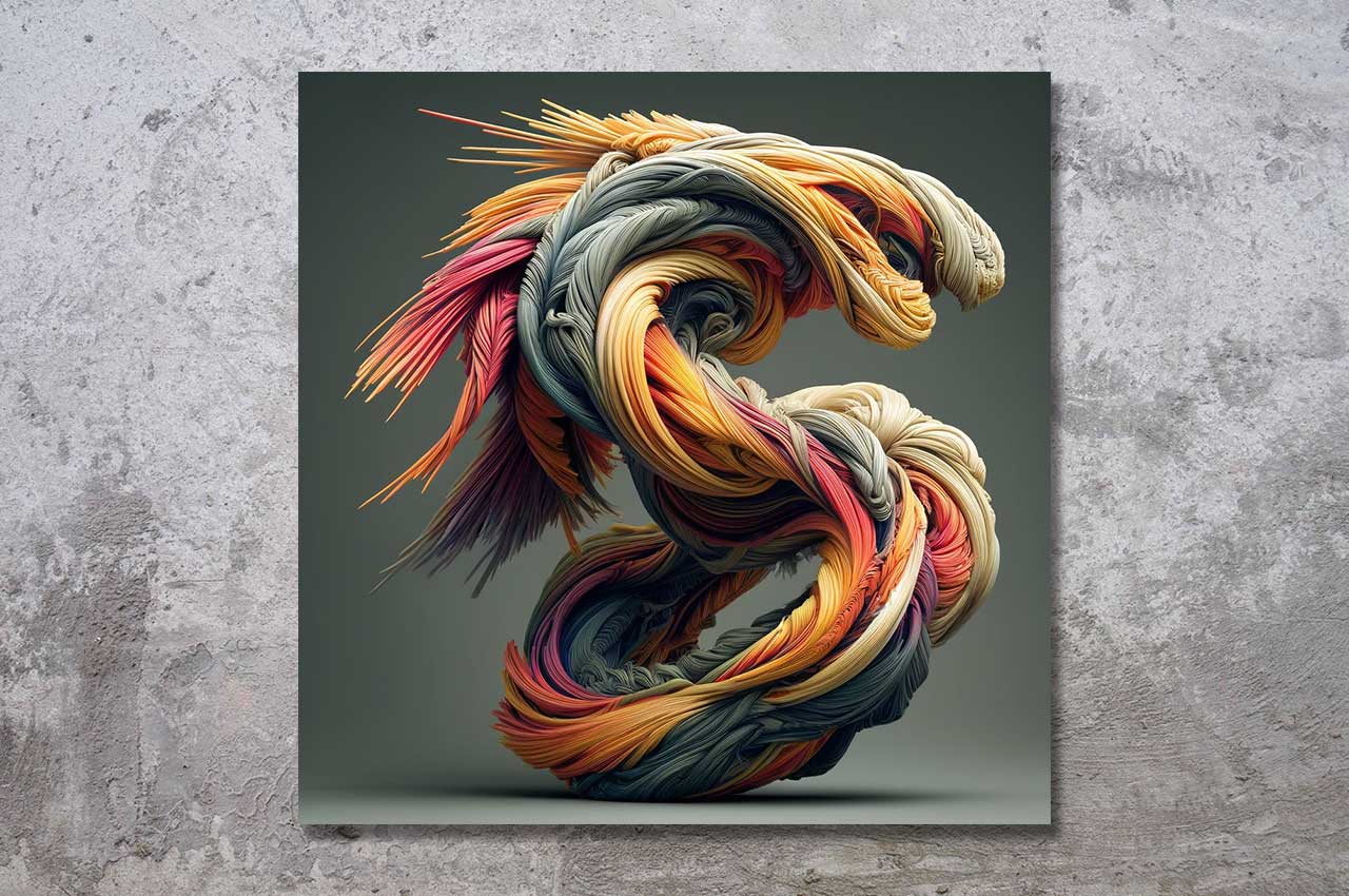 Abstrakte digitale Kunst aus der Serie "Dragon Fiber" – ein farbenprächtiger, strömender Drache aus feinen Fasern, inspiriert von Energie und Bewegung.