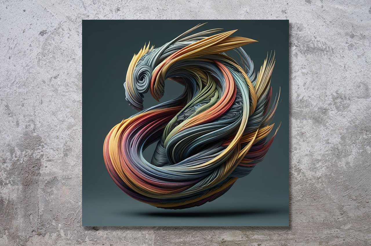 Abstrakte digitale Kunst aus der Serie "Dragon Fiber" – ein farbenprächtiger, strömender Drache aus feinen Fasern, inspiriert von Energie und Bewegung.