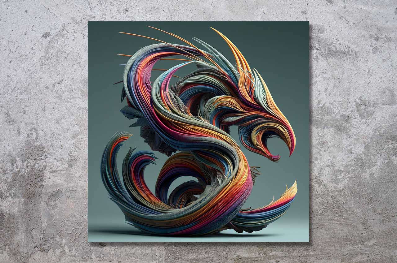 Abstrakte digitale Kunst aus der Serie "Dragon Fiber" – ein farbenprächtiger, strömender Drache aus feinen Fasern, inspiriert von Energie und Bewegung.