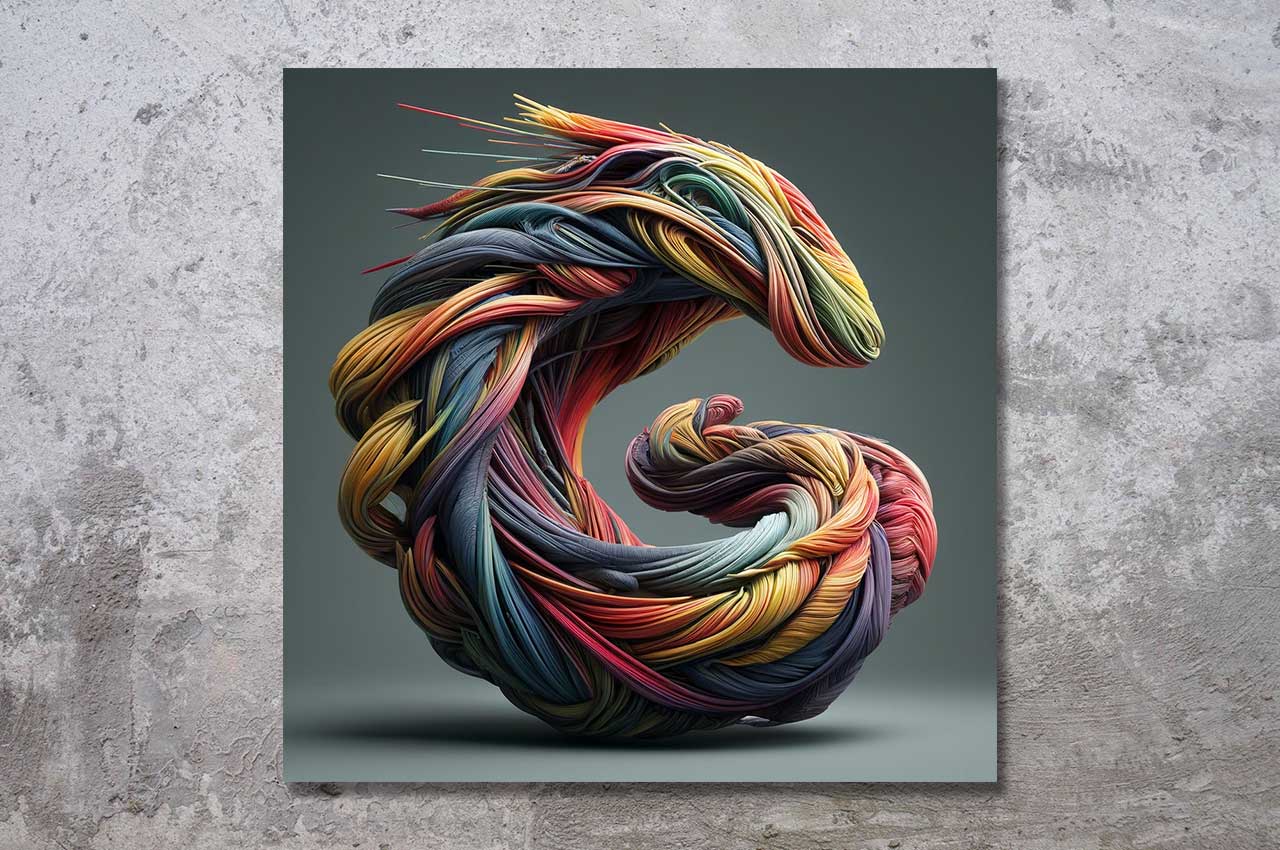 Abstrakte digitale Kunst aus der Serie "Dragon Fiber" – ein farbenprächtiger, strömender Drache aus feinen Fasern, inspiriert von Energie und Bewegung.