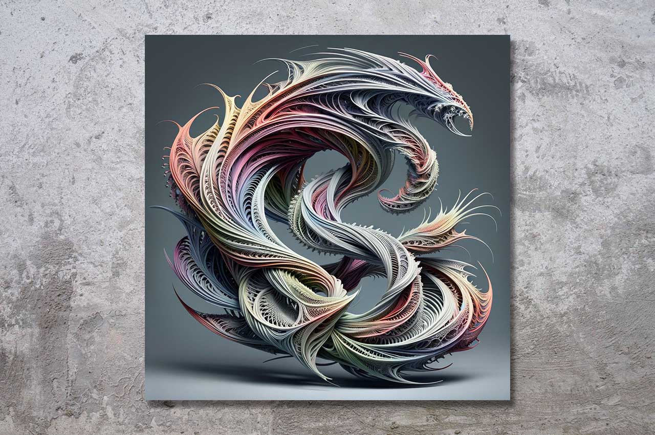 Abstrakte digitale Kunst aus der Serie "Dragon Fiber" – ein farbenprächtiger, strömender Drache aus feinen Fasern, inspiriert von Energie und Bewegung.