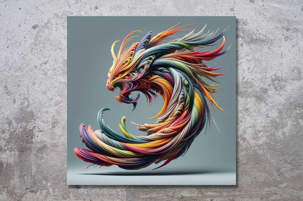Abstrakte digitale Kunst aus der Serie "Dragon Fiber" – ein farbenprächtiger, strömender Drache aus feinen Fasern, inspiriert von Energie und Bewegung.