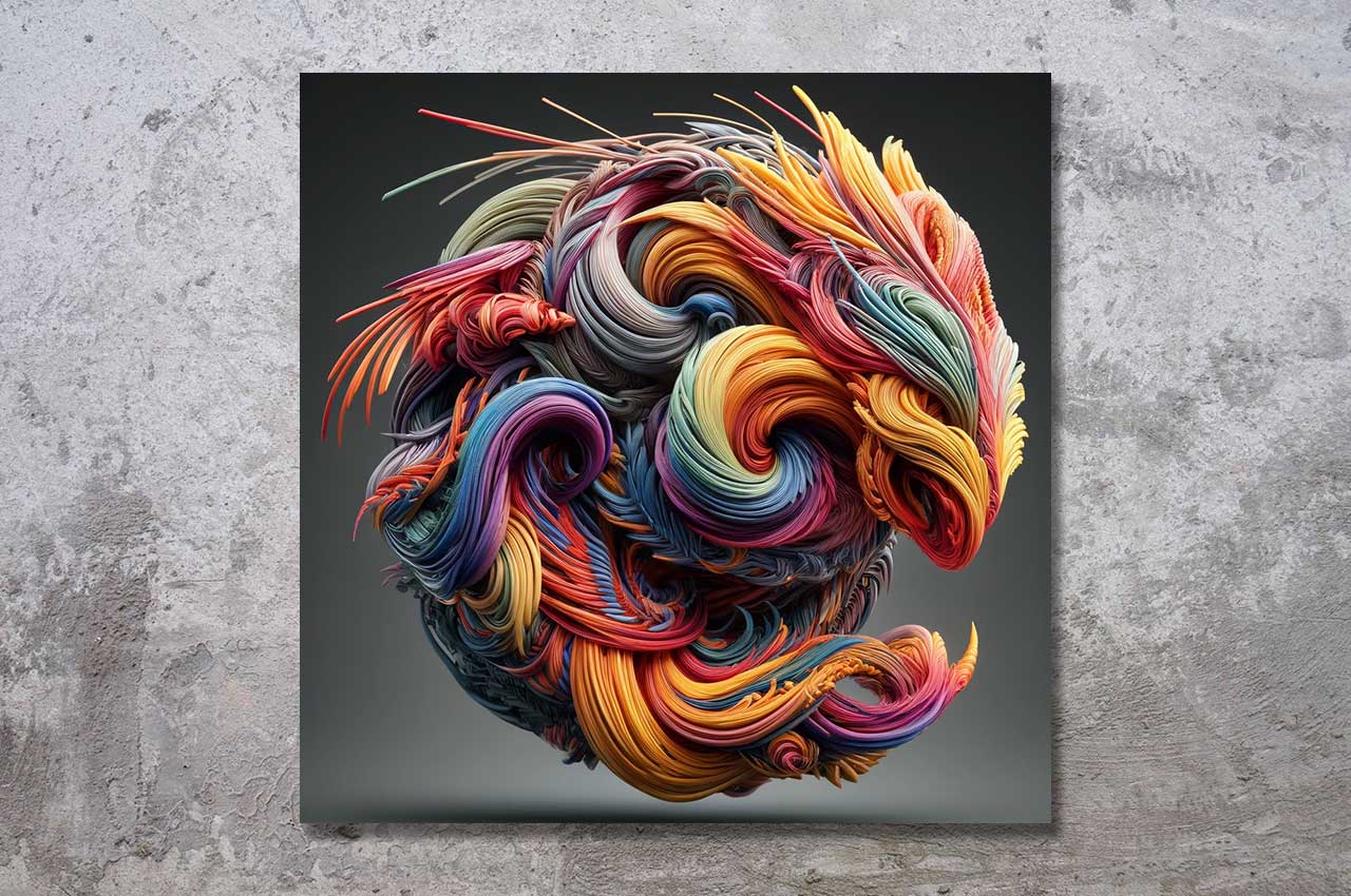 Abstrakte digitale Kunst aus der Serie "Dragon Fiber" – ein farbenprächtiger, strömender Drache aus feinen Fasern, inspiriert von Energie und Bewegung.